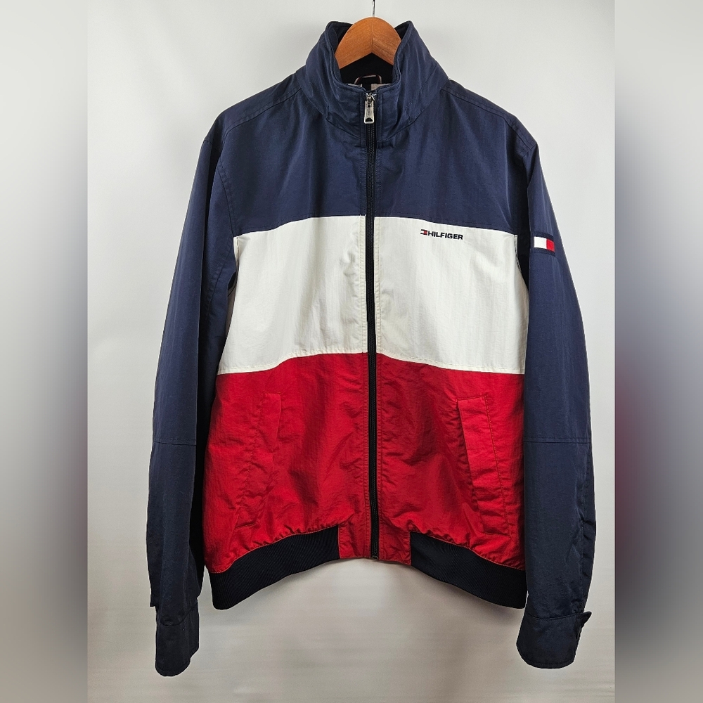 Tommy Hilfiger Men's Large Navy White Red Color-block Jacket Windbreaker w/ Hood